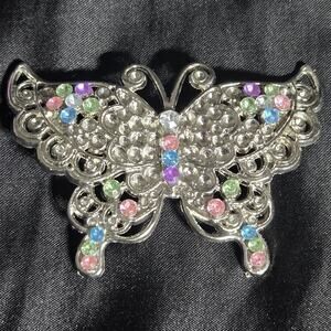 Vintage Butterfly Belt Buckle Silver Tone Blue Pink Green Pastel Rhinestones
